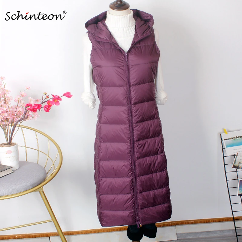 Schinteon-Chaleco largo ultraligero con capucha para mujer, chaleco informal ajustado, plumón de pato blanco, novedad