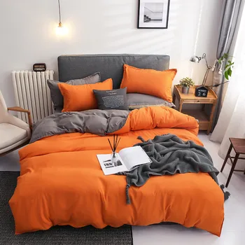 

3/4pc solid bedding set AB side pure duvet quilt cover flat sheet pillowcase cotton&polyester bedspread Blue Orange home textile