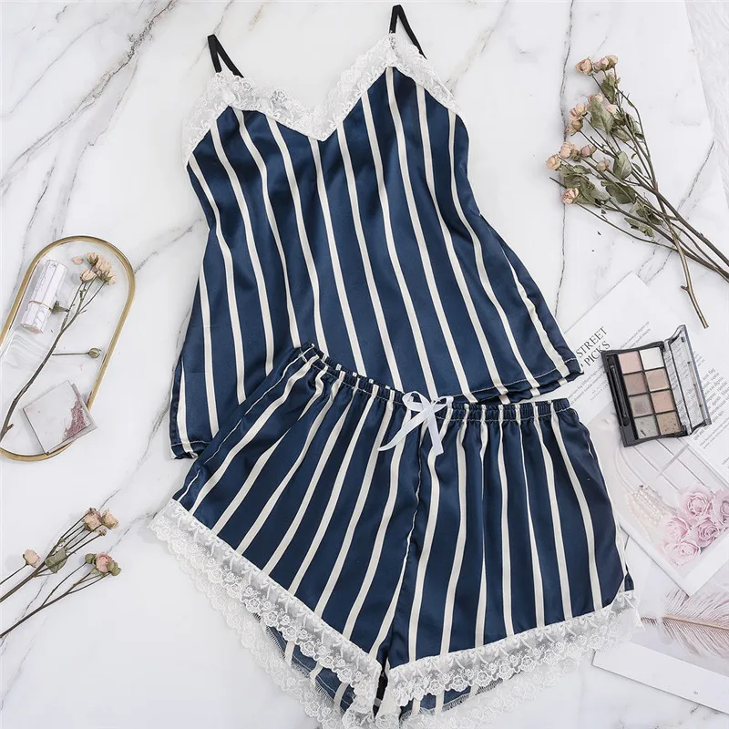 

Womens Casual Stripe Pajamas Sets Summer Sexy Camisole and Bow Shorts Tow Piece Home Clothes Suit Female Sleepwear