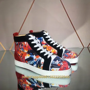 

2019-2020 New Flats Shoes Men Patent Leather Mixed Color Graffiti Luxury High Top Casual Men Shoes Patchwork Cool Boys