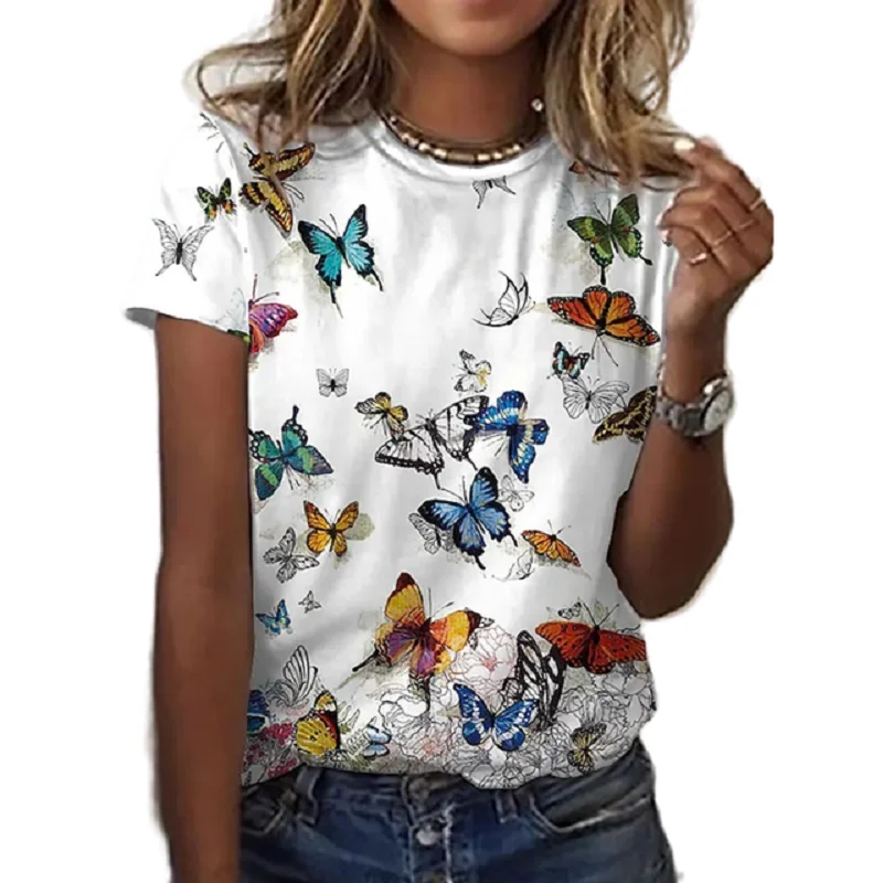 New Ladies Plus Size 3d Printed Short-sleeved Top Polyester O-neck Dress Elegant Butterfly T-shirt Casual Fashion Trend sport t shirt