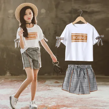 

New 2PCS Toddler Kids Girl Clothes Set Summer Bow Short Sleeve moring T-shirt Tops + Plaid Skirt Outfit Child Suit
