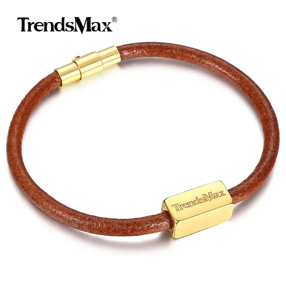 Trendsmax позолоченный браслет из кожи и нержавеющей стали для мужчин и женщин коричневая Магнитная застежка Модные Простые Ювелирные изделия TBL007