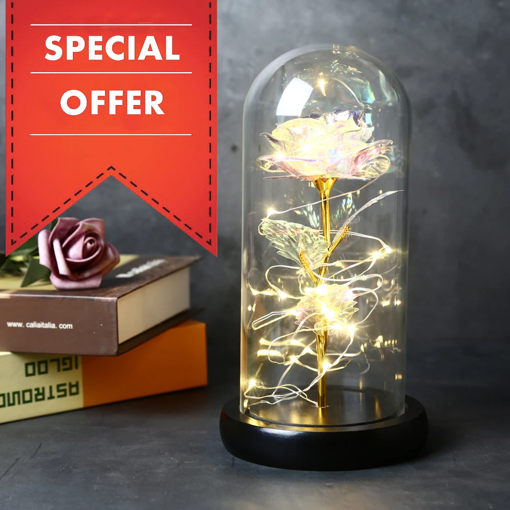 6 Colour Beauty And The Beast Red Rose In A Glass Dome On A Wooden Base For Valentine's Gifts LED Rose Lamps Christmas