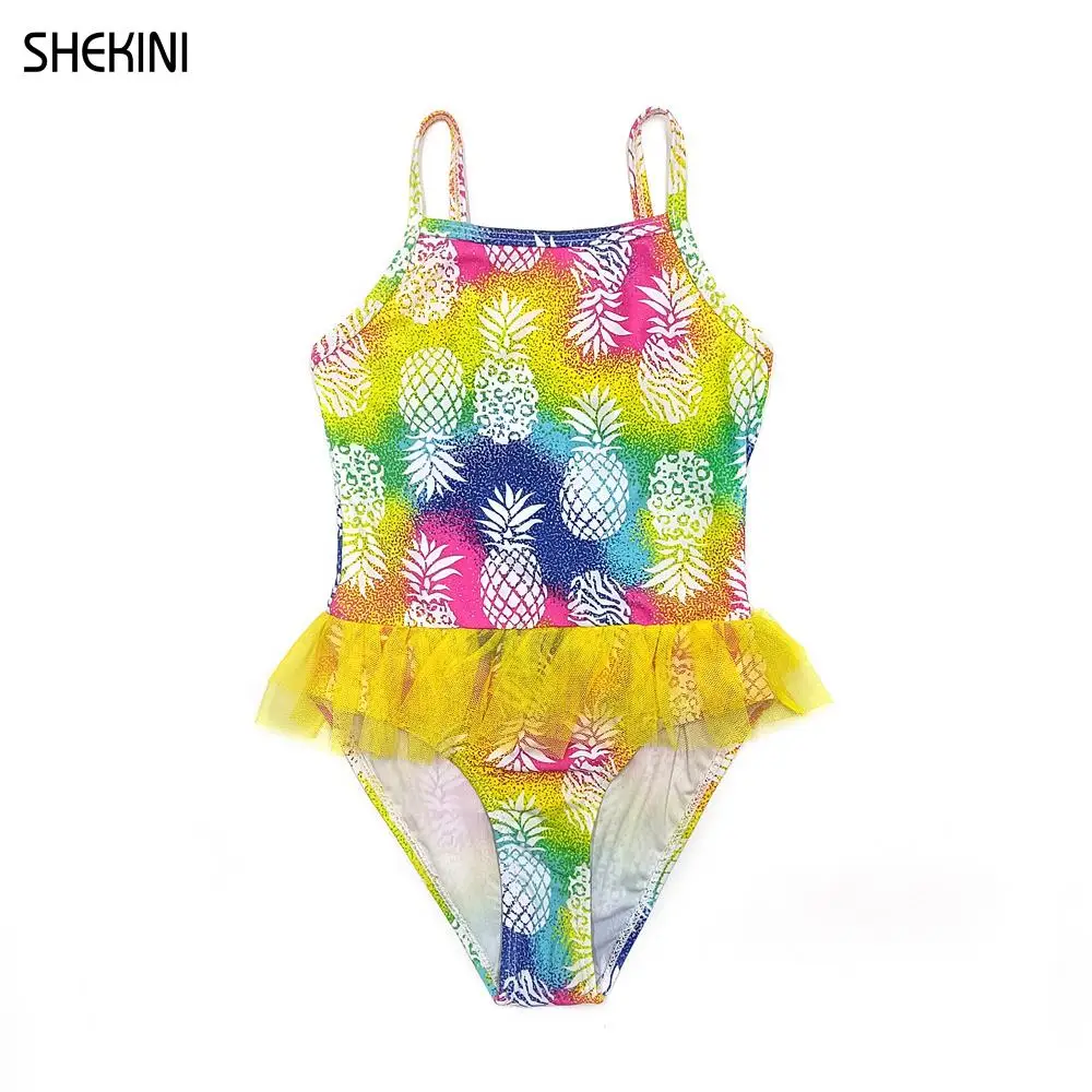 

SHEKINI Gril's One Piece Printing Swimsuits Teen Cute Ruffle Tulle Bathing Suit One Word Collar Teenage Girls Bikini Beachwear