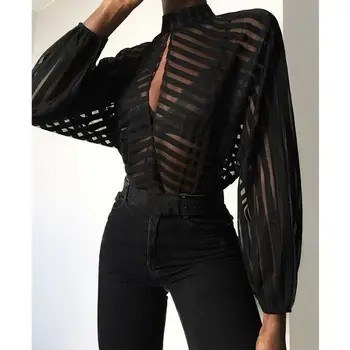 

Women Mesh Net Blouse Sheer Long Sleeve Ladies Shirt Black Front Hollow Sexy Tops Womens Clothing Summer Female Blouses hot