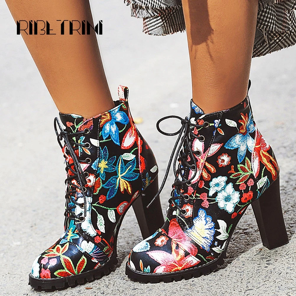 

RIBETRINI Fashion Flower Boots For Women Block High Heels Round Toe Platform Rubber Sole Lace Up Ankle Boots Big Size 34-43