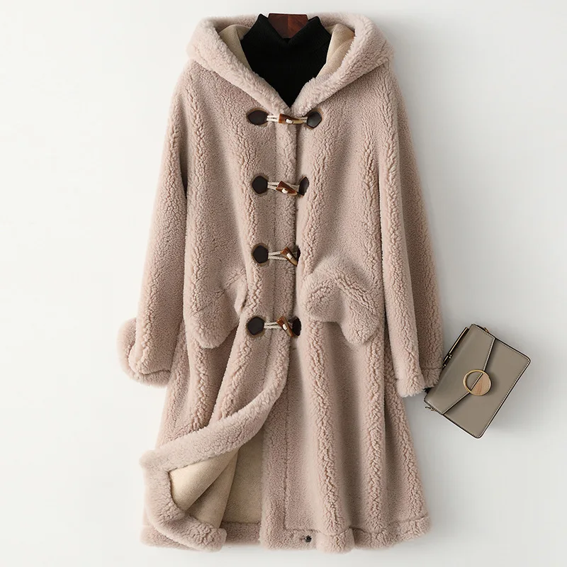 Зимнее шерстяное пальто с натуральным мехом размера плюс, женская одежда, новая модная овечья куртка, женское длинное пальто с капюшоном и замшевой подкладкой