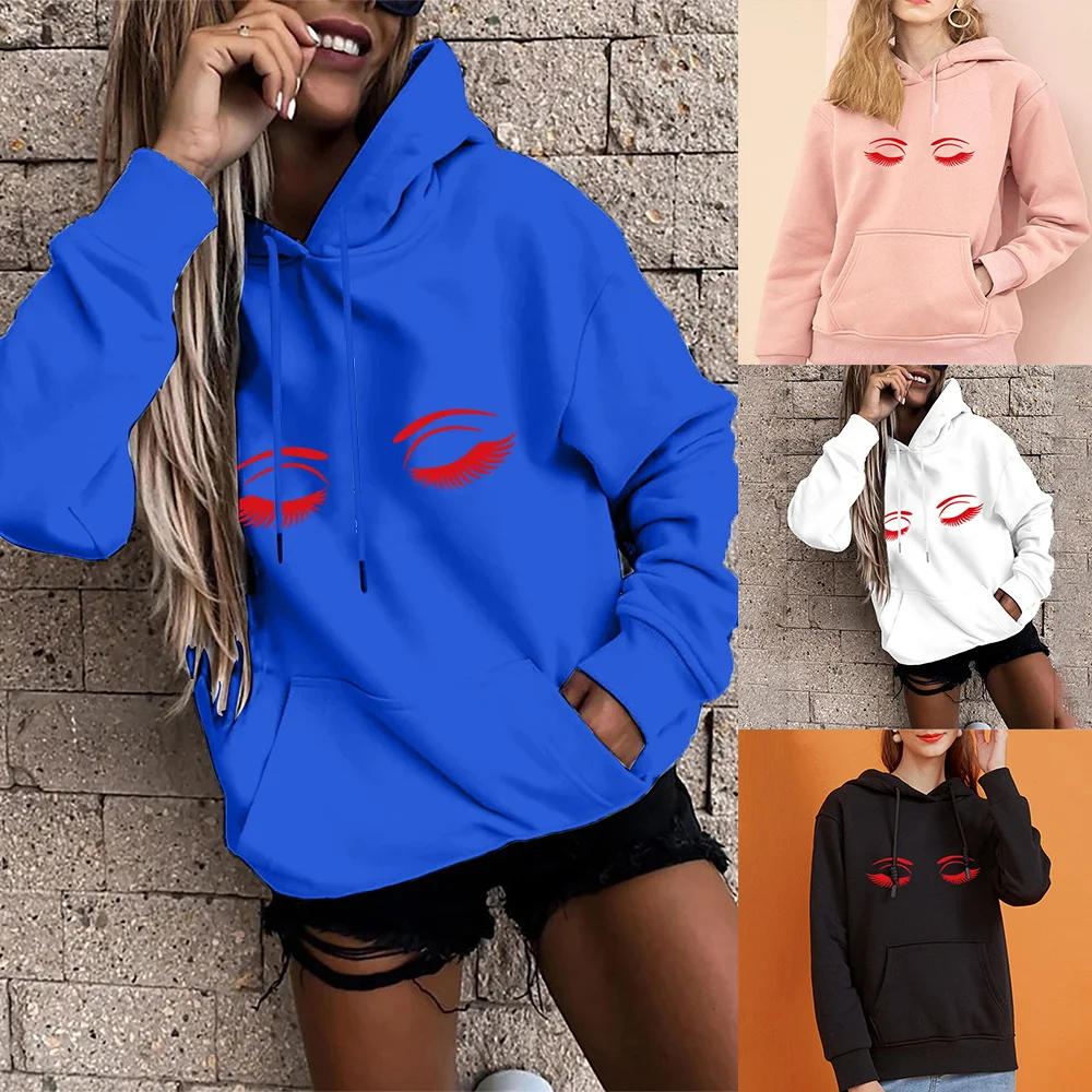 Hoodie Women's Fashion Tops Base Long Sleeve Top Eyelash Print Loose Pocket Hoodies Girls Casual Harajuku Pullover Sweatshirt