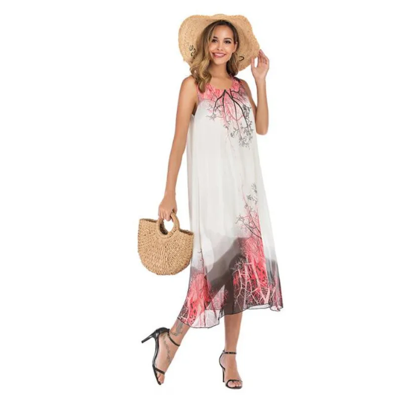 2020 Fashion Women Print Boho Floral Long Mid Dress Sleeveless Evening Party Summer Beach Sundress Robe