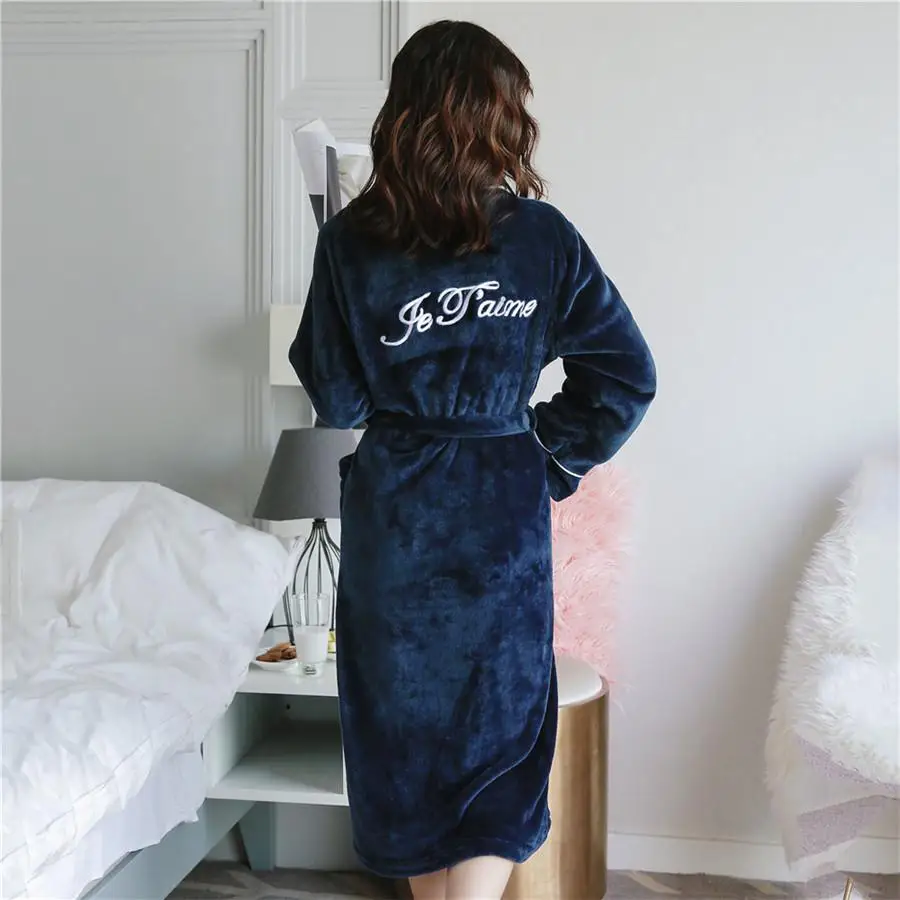 Фланелевые пижамы с принтом букв, плотное дамское интимное нижнее белье с длинными рукавами коралловый флисовый халат кимоно с v-образным вырезом, Зимний халат - Цвет: Navy Blue A