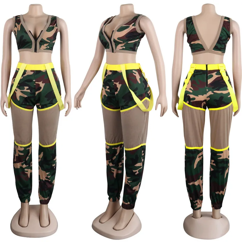 ANJAMANOR лоскутный Камуфляжный сексуальный комплект из 2 предметов, спортивный костюм для женщин, комплект из двух предметов, укороченный топ на молнии с брюками, подходящие комплекты, D35-AI29