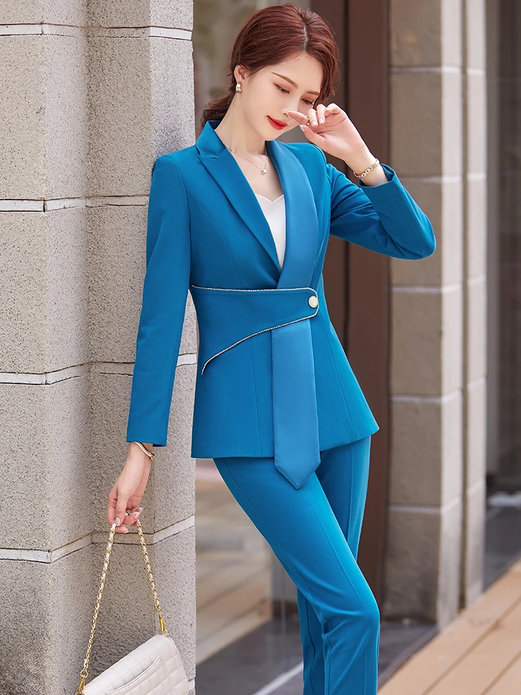 High Quality Office Ladies Black Green Blue Pink Pant Suit Trousers Women Elegant Female Formal Work Business 2 Piece Set S-5XL pink pant suit