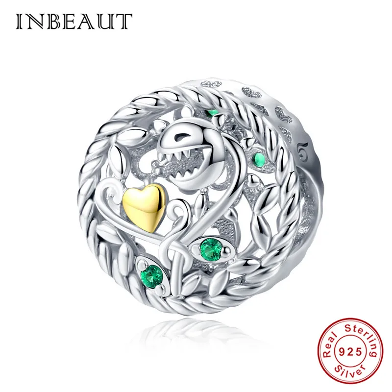 

INBEAUT 100% Real 925 Sterling Silver Green CZ Gold-color Heart Garden Flower Beads fit Pandora Bracelet Original DIY Jewelry