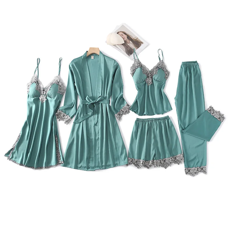 

Sexy Women Lace Pajamas Set V-neck Backless Strap Top&Pants Sleep Set Summer New 5PCS Sleepwear Faux Silk Pyjamas Suit