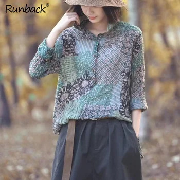

Runback Print Blouses Plus Size Retro Silk Linen Blusas Long Sleeve Shirt Base Shirt Loose Casual Ladies Top Femme Tunique Femme