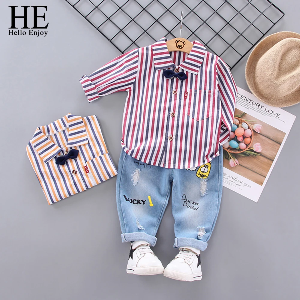 HE Hello Enjoy/детская одежда комплекты одежды для мальчиков Осенняя Модная рубашка в полоску с длинными рукавами+ брюки Модная одежда для малышей