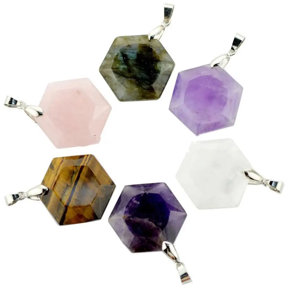 

Hexagonal Pointed Pendant Necklace Reiki Natural Stone Healing Crystal Quartz Silvertone Jewelry for Womens