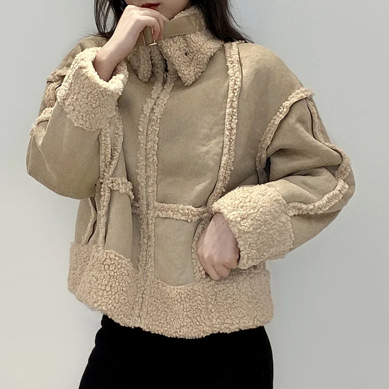 

Women Winter Warm Fleece Patchwork Short Jacket Turtleneck Zipper Slim Loose Stripe Coat Fashion High Quality Overcoat