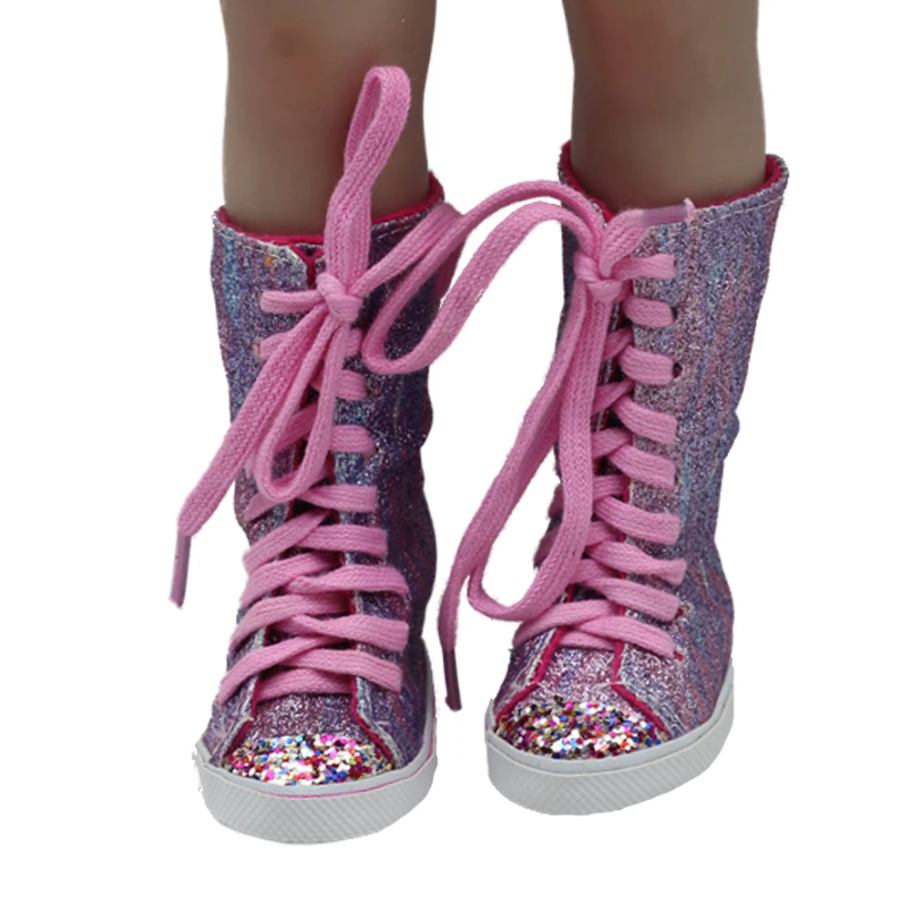 Обувь для маленьких кукол 43 см, нежная блестящая парусиновая обувь с высоким верхом для новорожденных, фиолетово-синяя, детские игрушки, подходит для американских девочек 18 дюймов, кукольная обувь