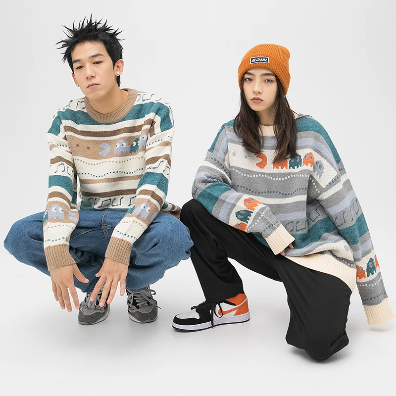 

Japanese retro cartoon childlike cute greedy snake eating peas couple neutral sweater
