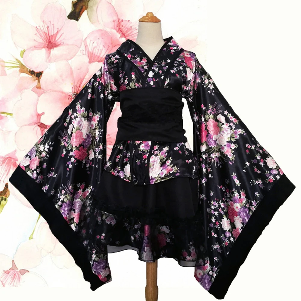 Кимоно Женская мода улучшенное кимоно подарок для девочек прекрасная Рождественская одежда фестиваль культуры цветочный принт юбка японский костюм - Цвет: black