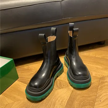 

Platform Boots Slip on Mixed Colors Genuine Leather Square Heel Chelsea Fur Boots Black Designer Brand Luxury Women Shoes 2020