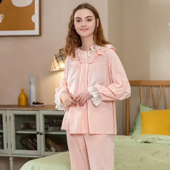 

Autumn New Cotton Pajamas Suit Long-sleeve Lace Ruffle Round Neck Stitching Solid Pyjamas Sweet Cute Casual Home Nightwear Women