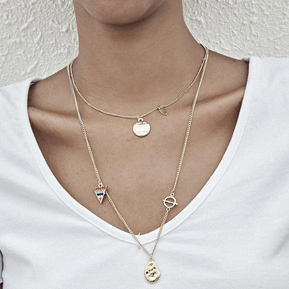 

Retro Fashion Double Layer Women Triangle Round Chain Necklace Gold Colorful Carystal Clavicle Girls Pendant Necklace Jewelry