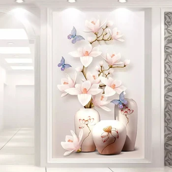 

Custom 3D Photo Wallpaper Mural 3D Embossed Magnolia Flower Vase Living Room Entrance Decorative Wall Painting Papel De Parede