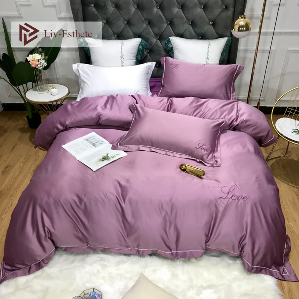 

Liv-Esthete Luxury Silk Love Bedding Set Duvet Cover Double Queen King Bed Set Flat Sheet Pillowcase Bed Linen Set