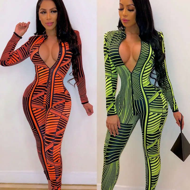 

Sexy Womens Jumpsuit Sexy Long Sleeve Bodycon Bodysuit Vintage Playsuit Ladies Clubwear Fashion V-neck Jumpsuits Long Trousers