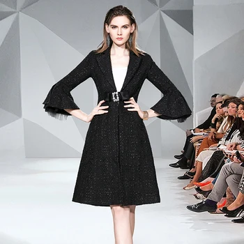 

HAMALIEL Brand Ladies Runway Tweed Black Winter Outerwear Women Flare Sleeve Woolen Patchwork Mesh Beaded Button Thick Wool Coat