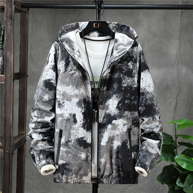 

2020 Spring Autumn Mens Clothing Coat Fashion Casual Floral Hooded Long-Sleeved Outdoor Jacket Cool Windbreaker Plus Size M-5XL