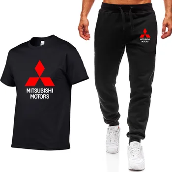 

Mens Short sleeve Mitsubishi Car Logo Summer Mens t Shirt sets Harajuku T-Shirt high quality Cotton T Shirts pants suit Sportswe