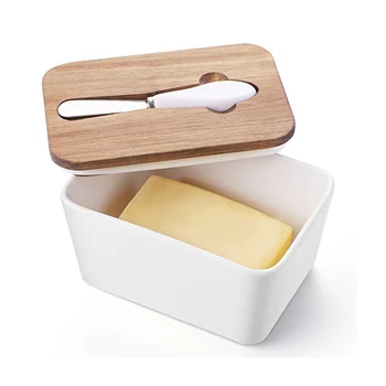

Dropshipping Porcelain Butter Dish with Wooden Lid Cutter Insulated Storage Container P666
