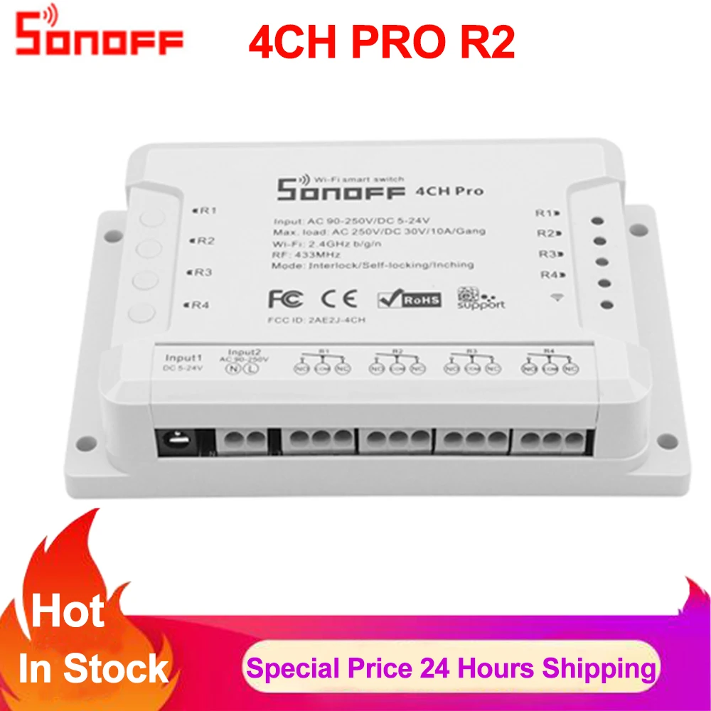 

Sonoff 4CH PRO R2 Smart Wifi Switch Smart Home 4 Gang Interlock self-locking Inching Lock Mode Smart RF Switch Work Alexa Google