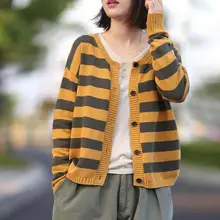 Johnature осенний женский свитер полосатый кардиган Повседневный винтажный однобортный женский вязаный кардиган с v-образным вырезом