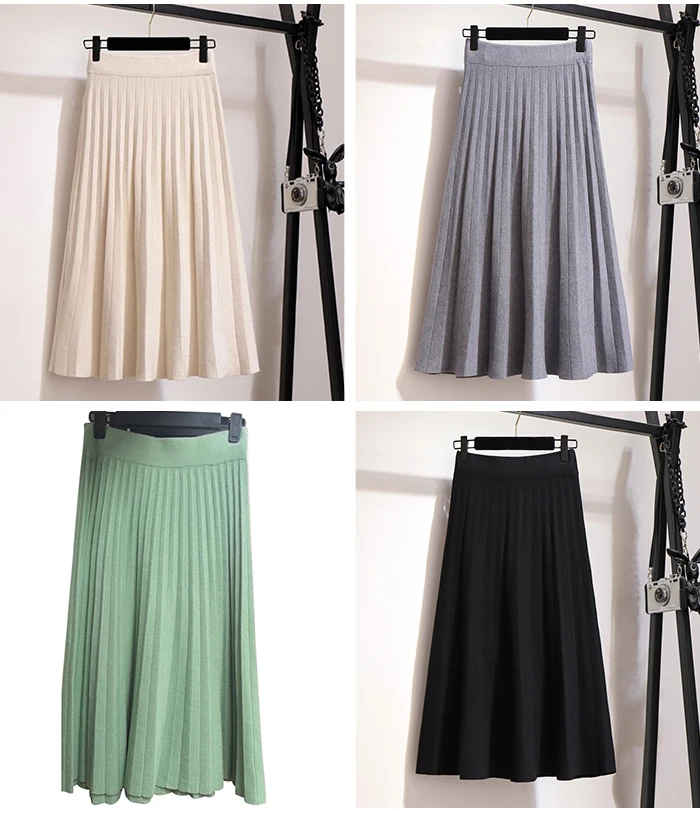 TIGENA Elegant Midi Pleated Knitted Skirt Women 2020 Autumn Winter Korean Knee Length a line High Waist Skirt Female Ladies