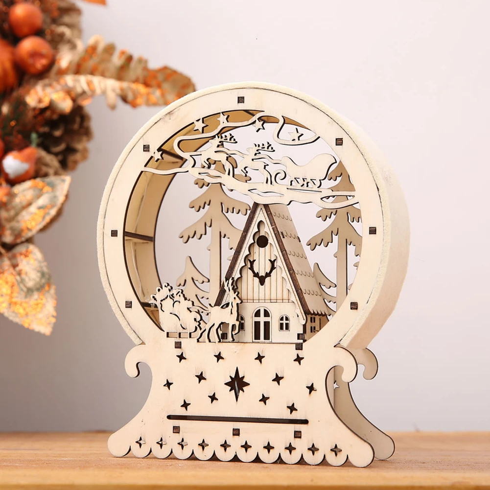 

2019 Christmas LED Light Luminous Wooden House Christmas Tree Lighting Ornament Decorations For Home Navidad Cabins Gift