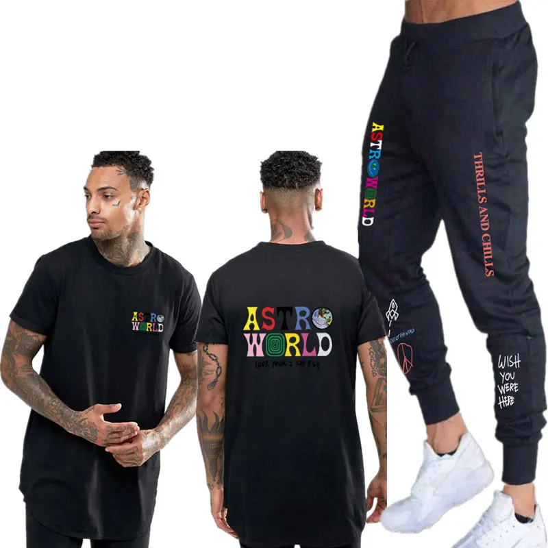 Трэвиса Скотта ASTROWORLD футболка Костюм Уличная для мужчин и женщин спортивный костюм хип-хоп удлиненный Круглый подол рубашка спортивные штаны костюм