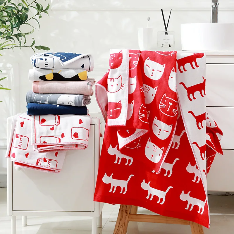 

3 Layers Muslin Cotton Red Cat Fish Printed Baby Blanket Summer Baby Swaddle Newborn Bath Towel Grey Kitten Infant Quilt