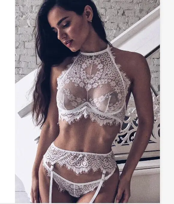 Сексуальный комплект нижнего белья прозрачный кружевной Babydoll открытый бюстгальтер и трусики набор стринги Нижнее белье для женщин Набор размера плюс наборы бюстгальтер+ трусы S-3XL - Цвет: white no socks