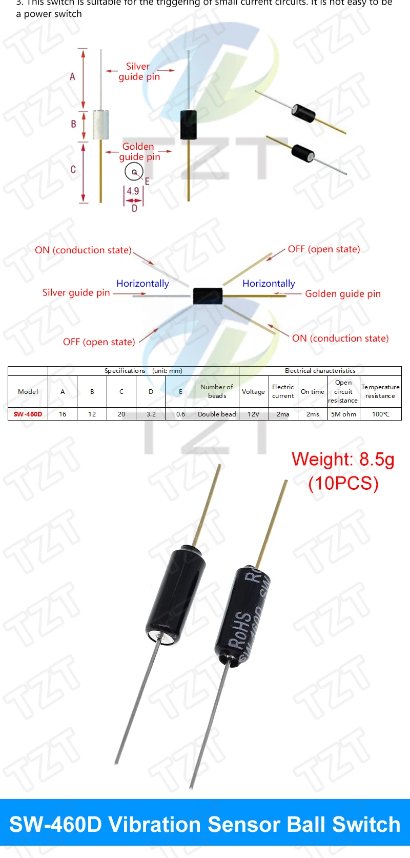 TZT SW-200D/420/520D/18010P/18015P/18020P/58010P 12V Hochvibrations-Schalter mit Kugelneigungsmelder und Doppelkugel-Winkel-Federerkennungsmodul – Detail 10