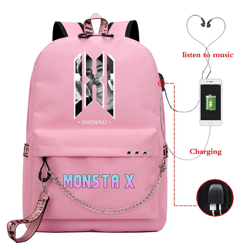 Mochila MONSTA X Рюкзак KPOP Bookbag школьные сумки для девочек-подростков женский рюкзак Usb зарядка Рюкзак для ноутбука рюкзак для путешествий - Цвет: 810-JX-MONSTA 16