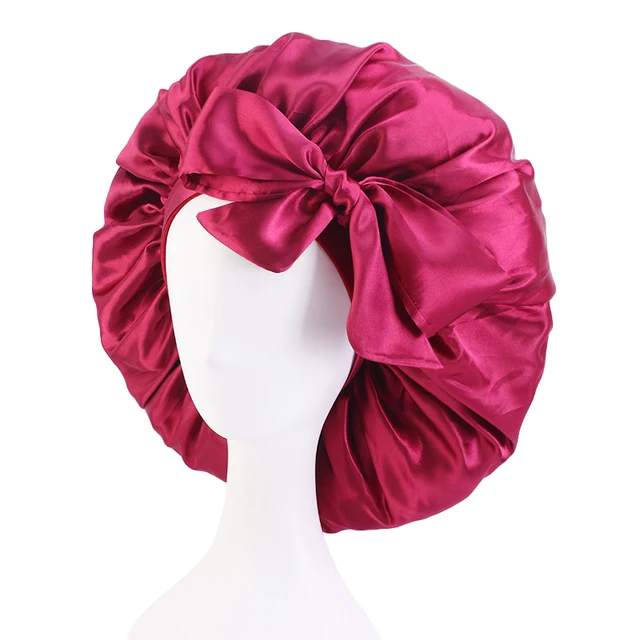 New Women Big Size Beauty print Satin Silky Bonnet Sleep Night Cap Head Cover Bonnet Hat for For Curly Springy Hair Black 405A-2 Wine red