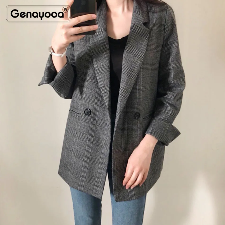 Genayooa Plaid Blazer Women Long Sleeve Blazer In Women Blazers And Jackets Plus Size 5XL Vintage Office Ladies Blazer Feminino