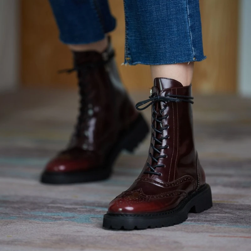 Botas vintage de tacón bajo con punta redonda para mujer, botines de piel auténtica, estilo Chelsea, 2020|Botas a media pantorrilla| AliExpress