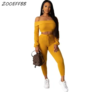 

ZKYZWX Sexy Knitted 2 Piece Set Women Bodycon Clothes Off Shoulder Crop Top and Pants Matching Suits Birthday Club Outfits