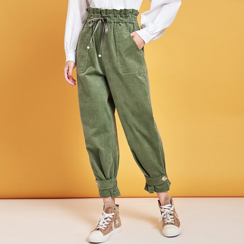 ARTKA Autumn Winter New Women Pants High Waist Casual Pants Corduroy Cargo Pants Fashion Joggers Women KA10099Q